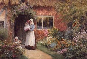 Mother and Children Outside a Cottage by Arthur Claude Strachan