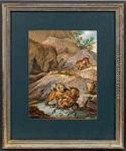 Lowe Mit Leoparden Imkampf Um Einen Esel by Johann Elias Ridinger or Riedinger