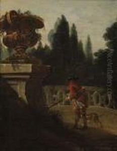 Chasseur Et Son Chien Devant Une Balustrade