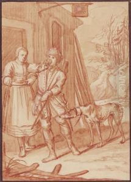 A Girl Giving A Sportsman A Drink Outside An Inn - view 1