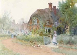 Feeding a hen and her chicks by Arthur Claude Strachan
