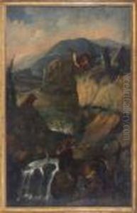 Weite Berglandschaft Mit 
Zahlreichen Verschiedenen Tieren Bei Einem Gehoft Mit Personenstaffage