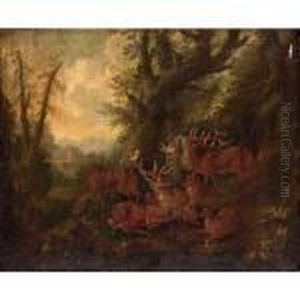 A Wooded Landscape With Deer, A Village Beyond