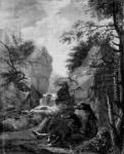 Felslandschaft Mit Drei Mannern Bei Der Entenjagd. by Johann Elias Ridinger or Riedinger