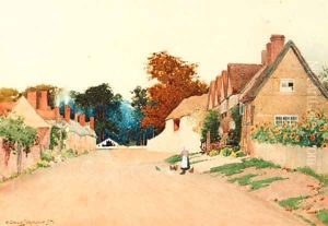 Feeding chickens on a country lane by Arthur Claude Strachan