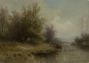 Bewaldetes Flussufer Mit Fischer Und Seinem Madchen by Albert Rieger
