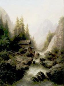 Old Watermill By The Waterfall by Albert Rieger
