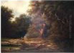 A Woodland Camp, Signed And Dated 1870, Oil On Canvas, 72 X 99 Cm.; 28 1/2 X 39 In