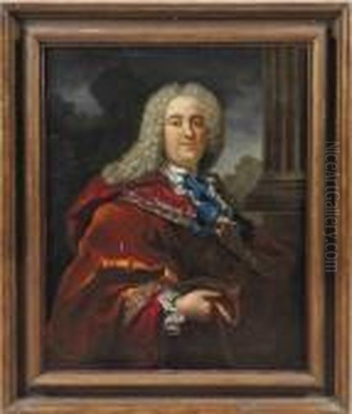 Portrait Of A Gentleman,
Half-length, In A Richly Embroideredmaroon And Russet Cloak, A Landscape
Beyond - view 1