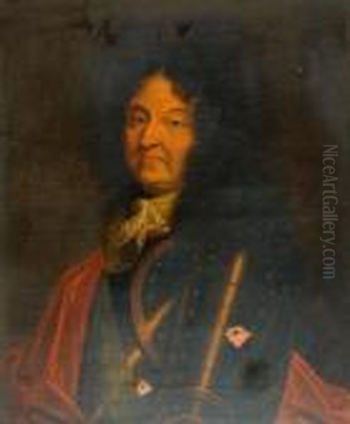 In The Manner Of Hyacinthe Rigaud, Half Length Portrait Of King Louis Xiv Wearing Armour - view 1
