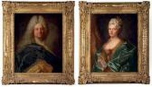 Portrait Of The Marquis De La
Mesangere, Half-length, In A Blue Mantle With A Gold Brocade Lining; And
Portrait Of The Marquise De La Mesangere, Nee Marguerite De
Rambouillet, Half-length, In A Gold Brocade Dress With A Blue Mantle And
Flowers In by Hyacinthe Rigaud