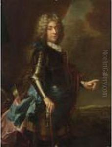 A Portrait Of A Nobleman, 
Wearing Armour And A Blue Sash, Holding A Cane, A View Of A City Beyond