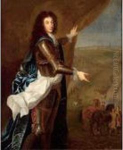 A Portrait Of A Nobleman,
Standing Full-length, Wearing Armour With A White Sash And A Blue Cloak,
Pointing Out The Siege Of A Town by Hyacinthe Rigaud