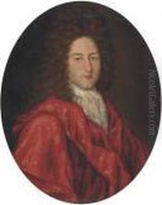 Portrait Of A Gentleman,
Bust-length, In An Embroidered Red Gown;and Portrait Of A Lady,
Bust-length, In An Embroidered Red Dressand Green Cloak by Hyacinthe Rigaud