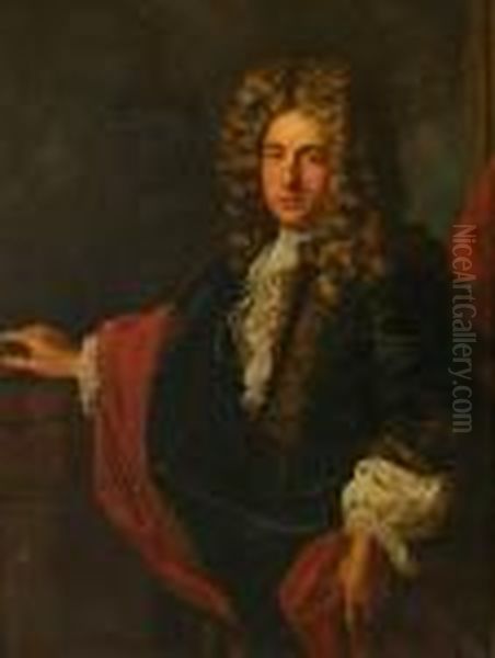 A Half Length Portrait Of A
Nobleman In Full Bottomed Wig And Gold Embroidered Coat, His Right Hand
Resting On A Book 'regis De 1700' - view 1