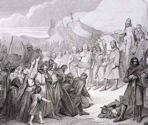 Charlemagne receives the Surrender of Witikind sic at Paderborn in 785, engraved by Joubert by Ary Scheffer