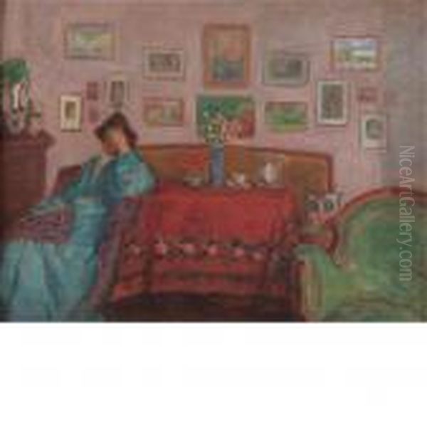 Woman In Blue At A Table With Red Tablecloth - view 1