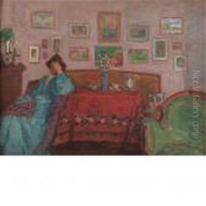 Woman In Blue At A Table With Red Tablecloth Woman In Blue At A Table With Red Tablecloth