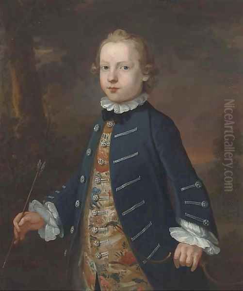 Portrait of a boy, three-quarter-length, traditionally identified as 'Master Best', in a blue coat and floral waistcoat, holding a bow and arrow - view 1