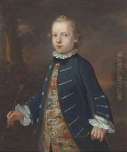 Portrait of a boy, three-quarter-length, traditionally identified as 'Master Best', in a blue coat and floral waistcoat, holding a bow and arrow by John Simmons