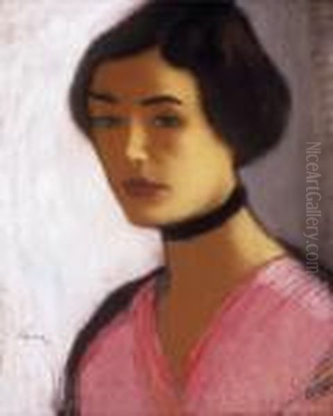 Woman With Rose Dress And Black Necklet - view 1