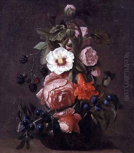 A Still Life of Mixed Flowers and Berries in a Glass Vase - view 1