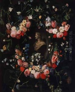 Garland of flowers surrounding a marble bust of Archduke Leopold Guglielmo, c.1647 by Daniel Seghers