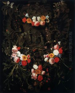 Christ and St Therese in a Garland of Flowers by Daniel Seghers