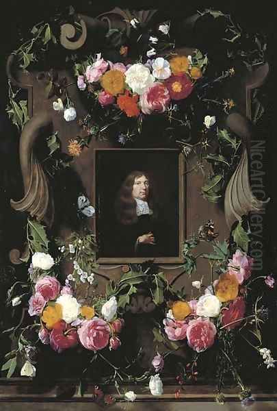 A cartouche surrounded by garlands of roses, thistle, holly and other flowers and butterflies with a later portrait of a gentleman, seated, bust-lengt - view 1