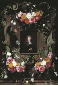 A cartouche surrounded by garlands of roses, thistle, holly and other flowers and butterflies with a later portrait of a gentleman, seated, bust-lengt by Daniel Seghers