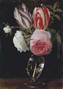 Two parrot tulips, two white roses and a pink rose in a glass vase on a wooden ledge by Daniel Seghers
