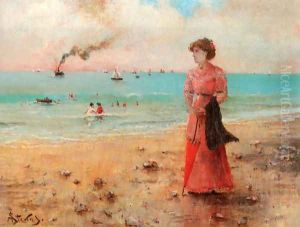 Jeune femme a l'ombrelle rouge au bord de la mer by Alfred Stevens