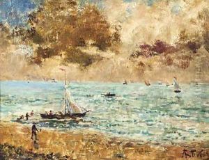 Sailing vessels off the seashore