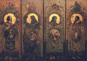 A four leaf screen with portraits of Shakespeare, Milton, Chaucer and Spenser by William Bell Scott