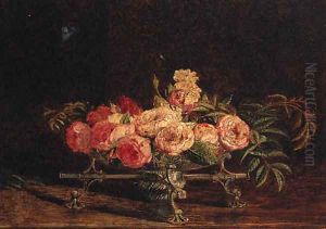 Pink and white Roses in an 18th Century Silver Dish-cros by William Bell Scott