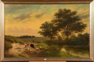 Paysan Et Son Troupeau Au Bord De La Riviere by Louis Marie Dominique Romain Robbe