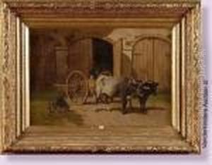 Paysan Italien Sortant Les Boeufs De L'etable by Louis Marie Dominique Romain Robbe