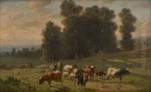 Conduite Du Troupeau Dans Un Paysage Ensoleille by Louis Marie Dominique Romain Robbe