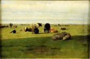 Vaches Dans Les Pres by Louis Marie Dominique Romain Robbe