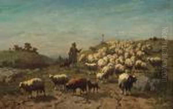 A Shepherd With His Flock by Louis Marie Dominique Romain Robbe