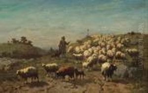 A Shepherd With His Flock by Louis Marie Dominique Romain Robbe