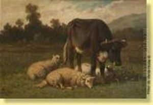 Vacheet Moutons Sur Fond De by Louis Marie Dominique Romain Robbe