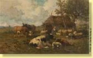 Fermiere Et Ses Troupeaux by Louis Marie Dominique Romain Robbe