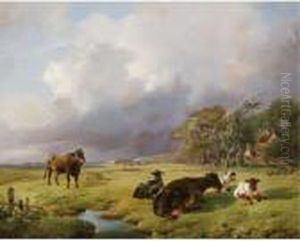 Cows In A Summer Landscape by Louis Marie Dominique Romain Robbe