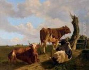 Deux Vaches Et Un Taureau Au Pre by Louis Marie Dominique Romain Robbe