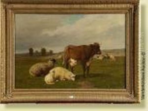 Vache Et Moutons Au Pre by Louis Marie Dominique Romain Robbe