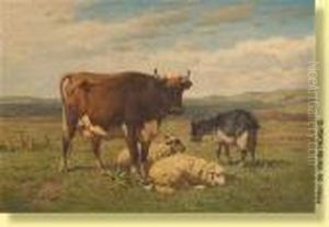 Vache, Chevre Et Moutons Dans Un Paysage by Louis Marie Dominique Romain Robbe