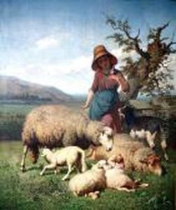 La Jeune Bergere Et Ses Moutons by Louis Marie Dominique Romain Robbe