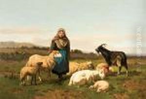 Jeune Bergere Et Son Troupeau Dans Un Paysage by Louis Marie Dominique Romain Robbe
