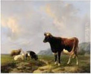 Vache Et Moutons Dans Une Prairie by Louis Marie Dominique Romain Robbe